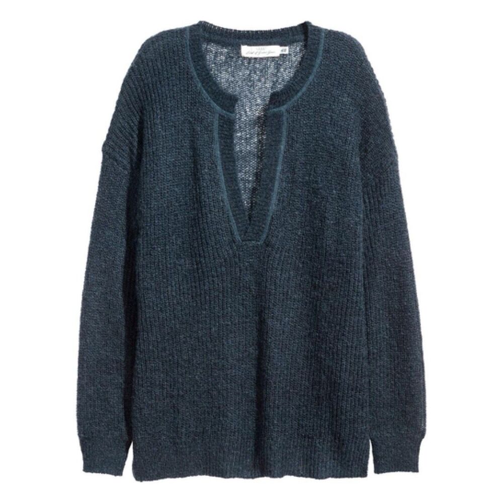 H&M Women’s Dark Blue Deep V Neck Long Sleeve Sweater Pullover Sweatshirt Size L